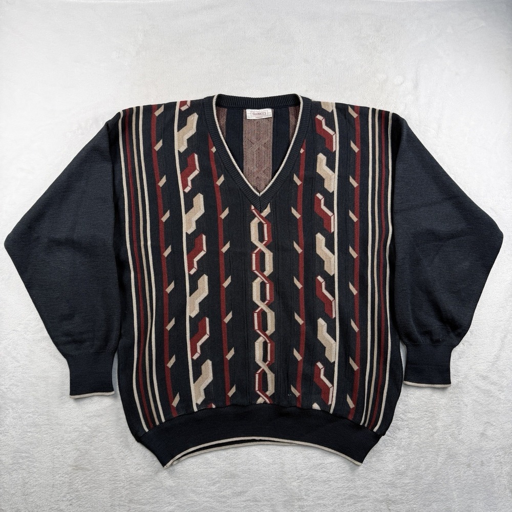Gabicci Abstract 3D Sweater Mens XL Bowling Knit V Neck Rockabilly Swing Italy